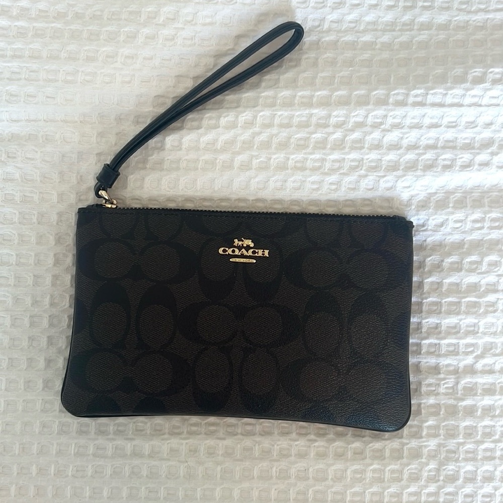 Coach Large Corner Zip Wristlet In Signature Canvas Dark Brown